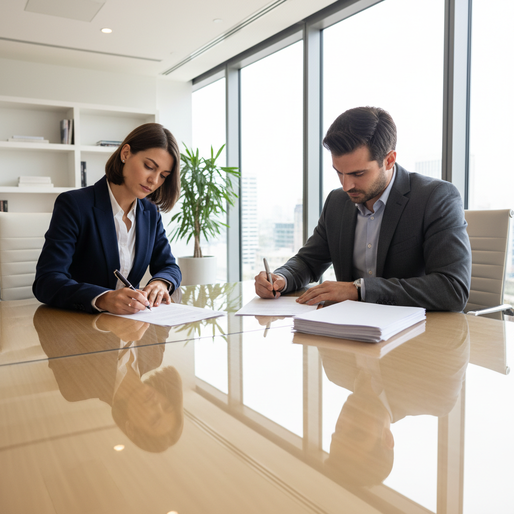 Professional signing financial documents at a desk with pen, banking and trade finance concept